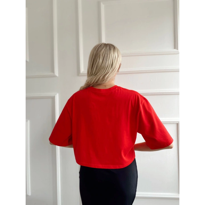 Kadın Oversize Crop Tişört Kırmızı