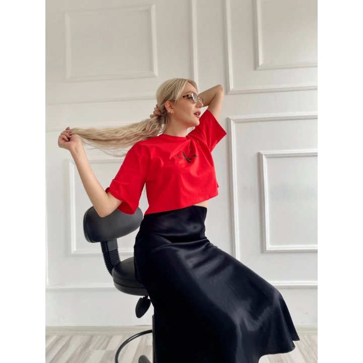 Kadın Oversize Crop Tişört Kırmızı