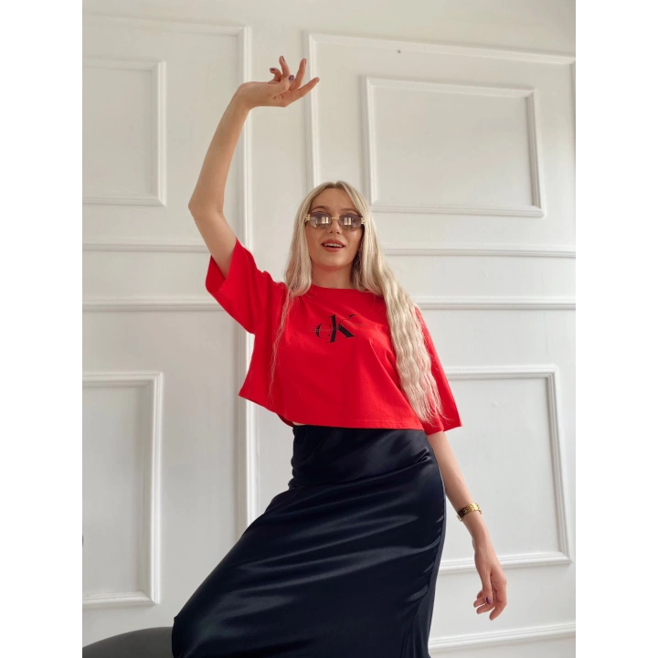 Kadın Oversize Crop Tişört Kırmızı