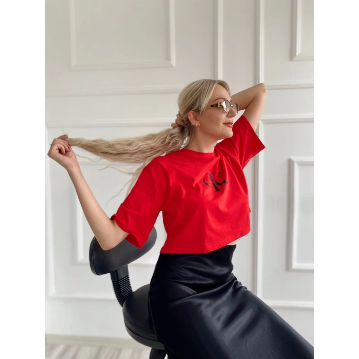Kadın Oversize Crop Tişört Kırmızı