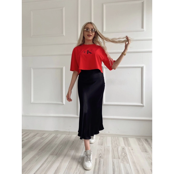 Kadın Oversize Crop Tişört Kırmızı