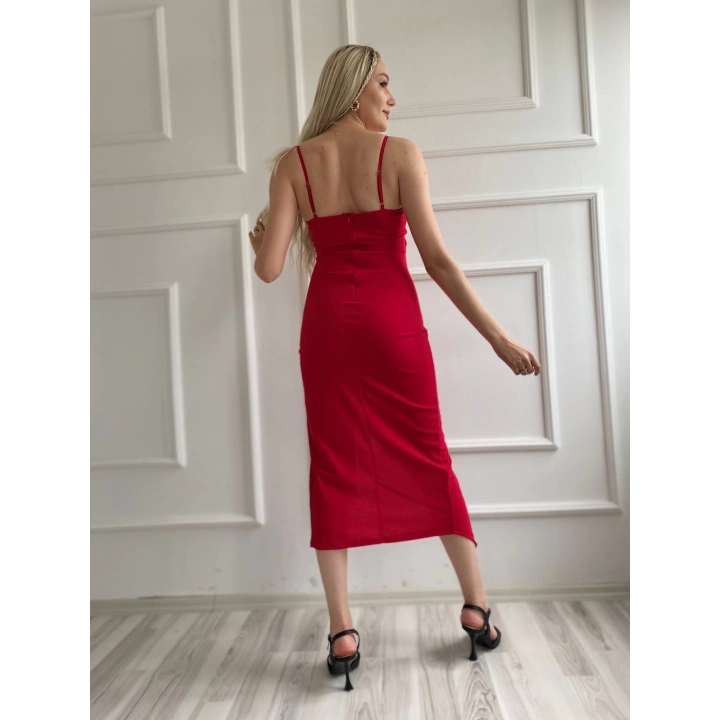 Kadın Askılı Yırtmaçlı Elbise Kırmızı