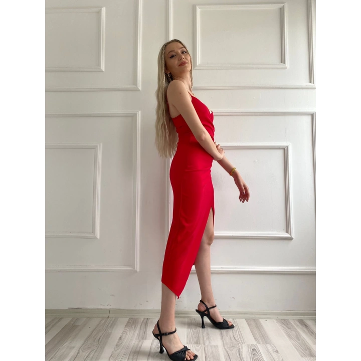 Kadın Askılı Yırtmaçlı Elbise Kırmızı