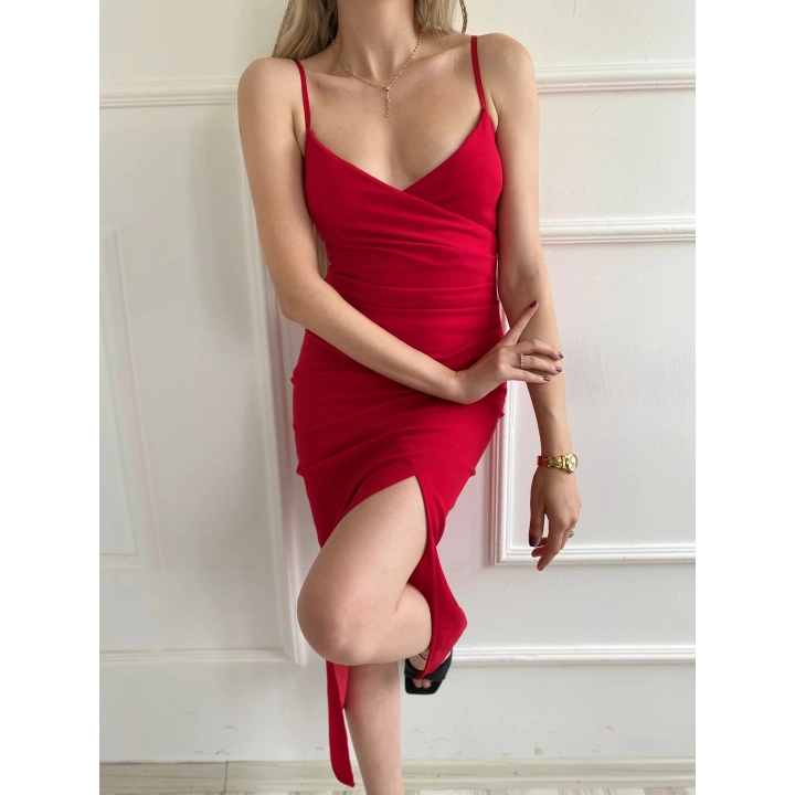 Kadın Askılı Yırtmaçlı Elbise Kırmızı