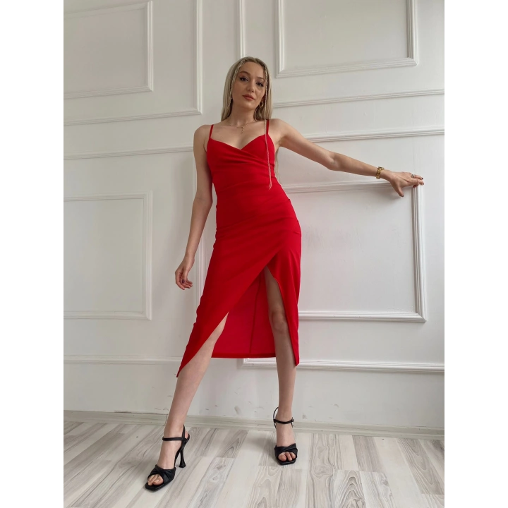 Kadın Askılı Yırtmaçlı Elbise Kırmızı