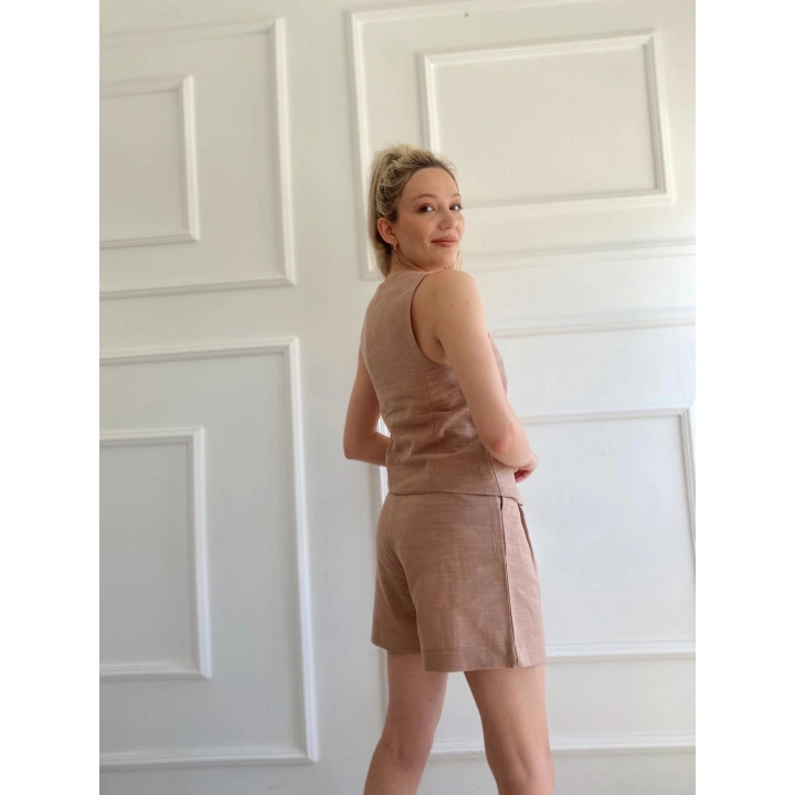 Kadın Keten Şort Ve Yelek İkili Takım Camel
