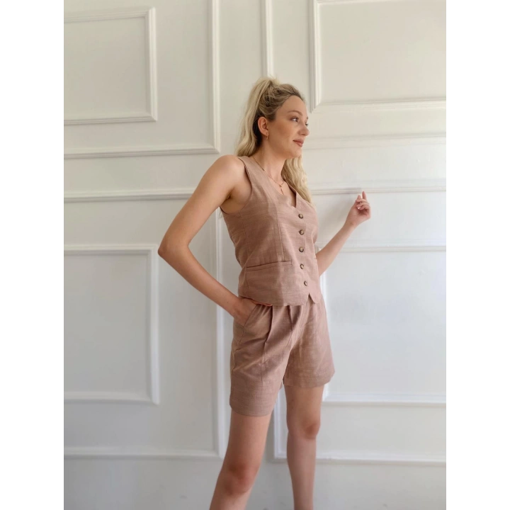 Kadın Keten Şort Ve Yelek İkili Takım Camel