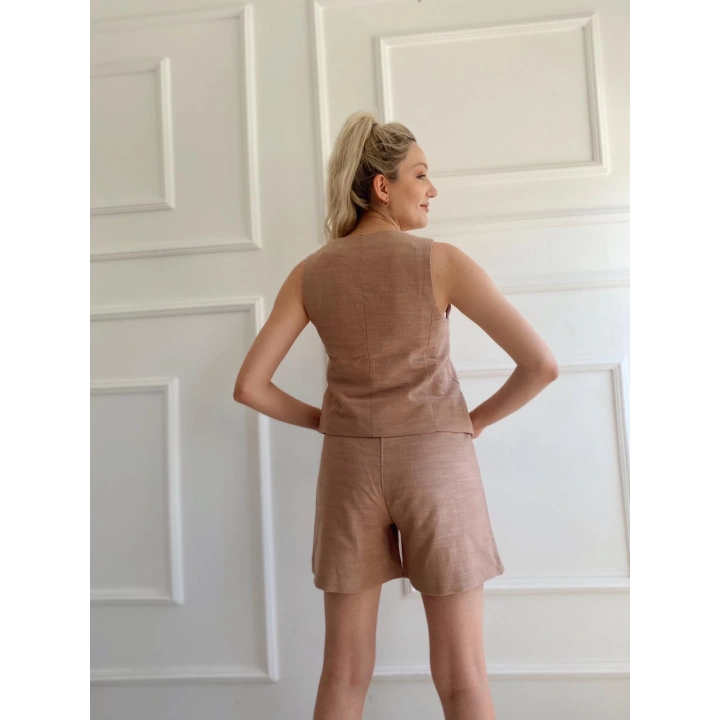 Kadın Keten Şort Ve Yelek İkili Takım Camel