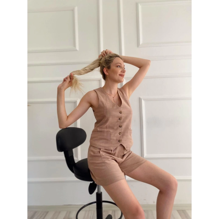 Kadın Keten Şort Ve Yelek İkili Takım Camel