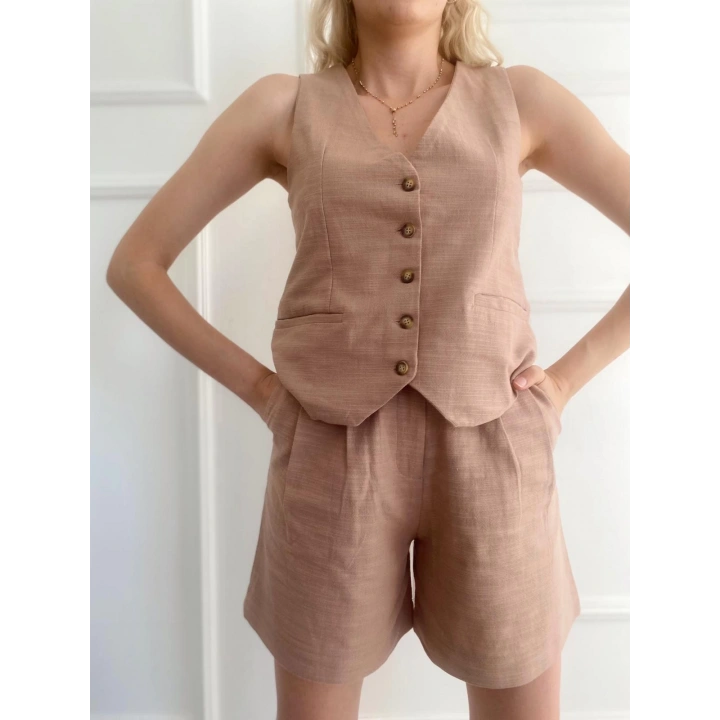 Kadın Keten Şort Ve Yelek İkili Takım Camel