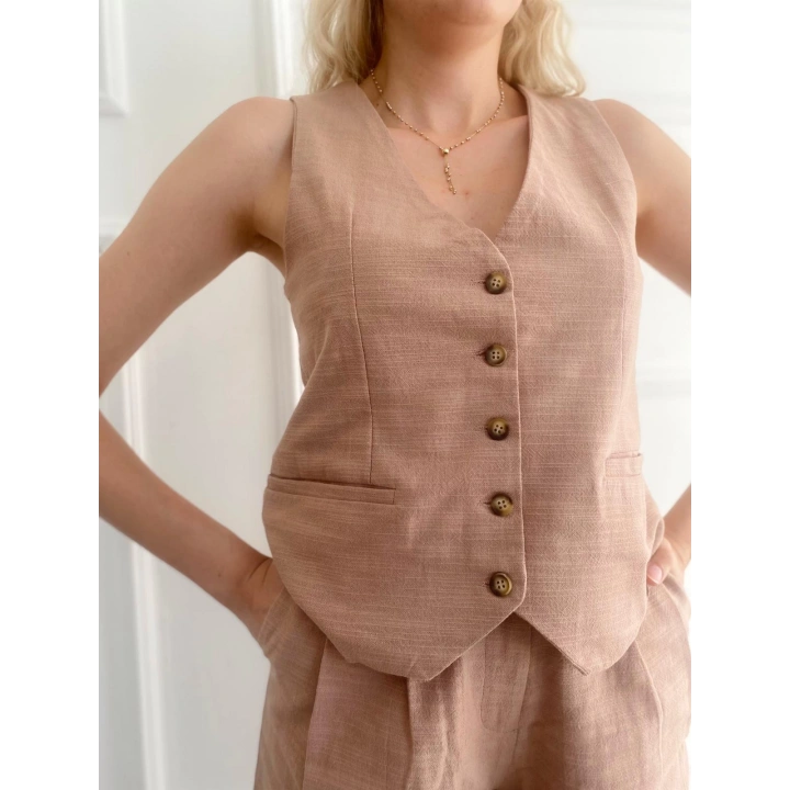 Kadın Keten Şort Ve Yelek İkili Takım Camel