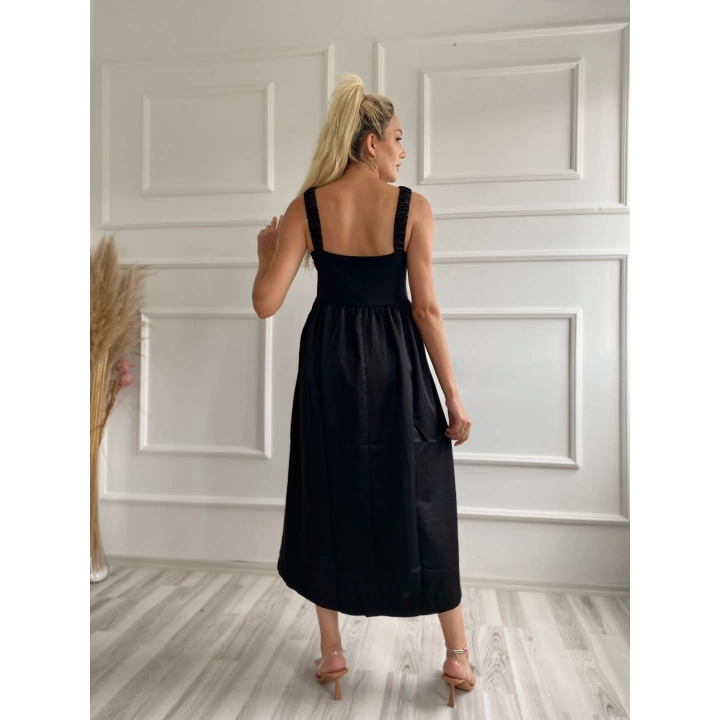 Kadın Kare Yaka Uzun Elbise Siyah