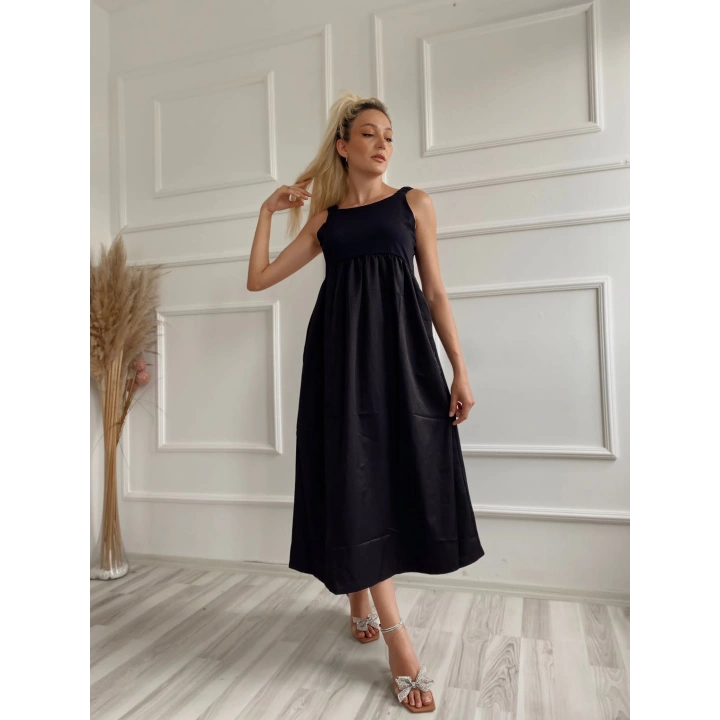 Kadın Kare Yaka Uzun Elbise Siyah