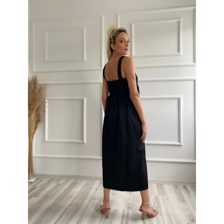 Kadın Kare Yaka Uzun Elbise Siyah