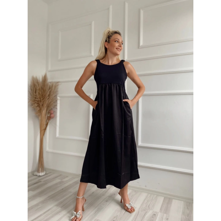 Kadın Kare Yaka Uzun Elbise Siyah