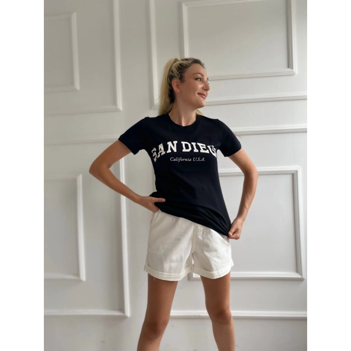 Kadın Basic Tişört San Diego Baskılı Siyah