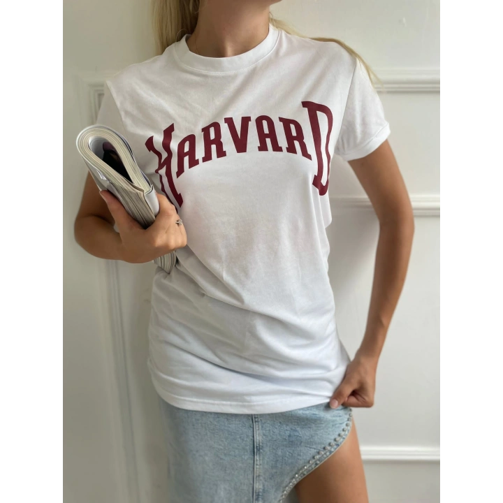 Kadın Basic Tişört Harvard Baskılı Beyaz