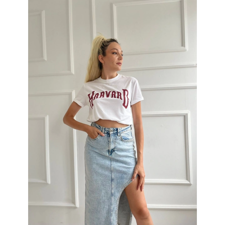 Kadın Basic Tişört Harvard Baskılı Beyaz