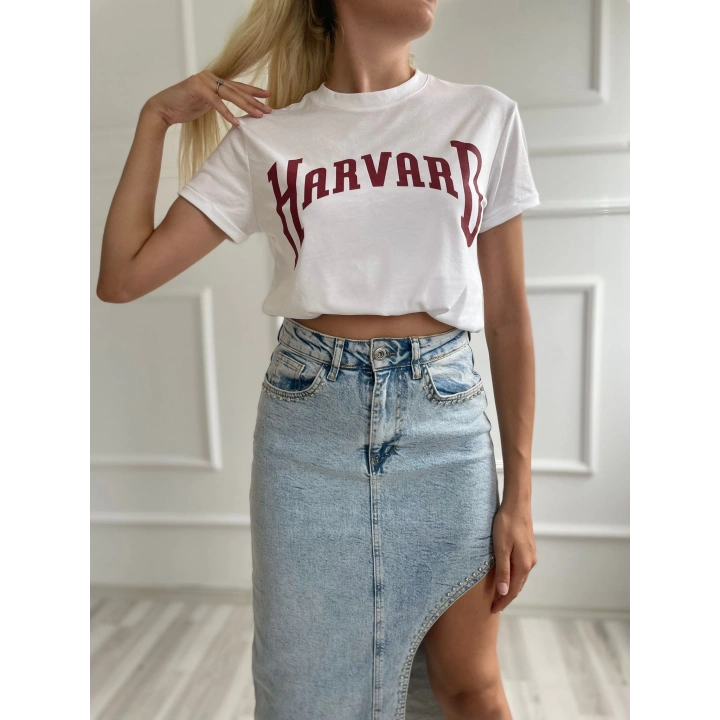 Kadın Basic Tişört Harvard Baskılı Beyaz