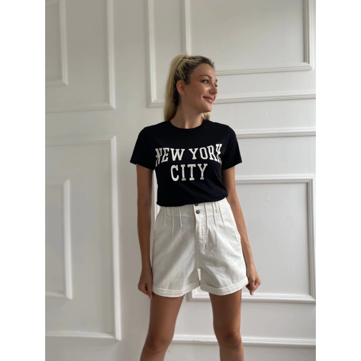 Kadın Basic Tişört Newyork City Baskılı Siyah