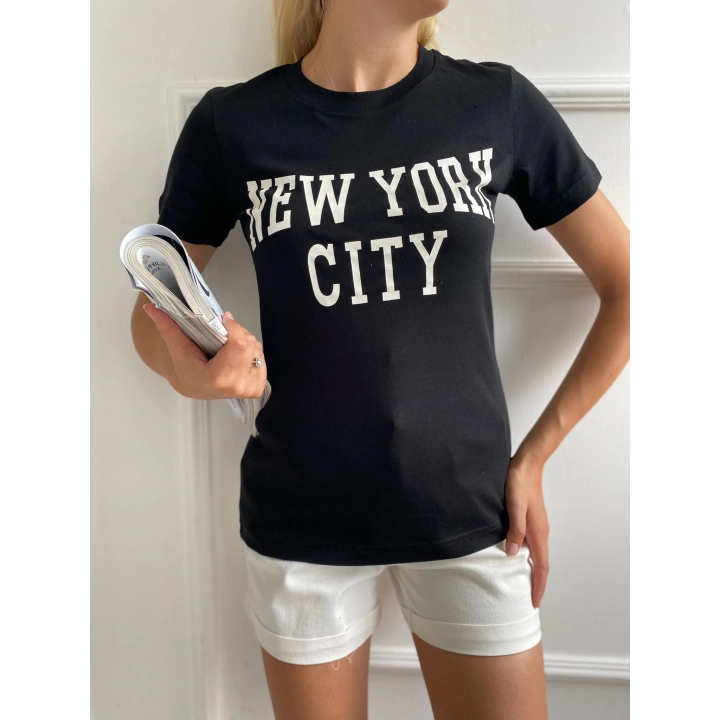 Kadın Basic Tişört Newyork City Baskılı Siyah