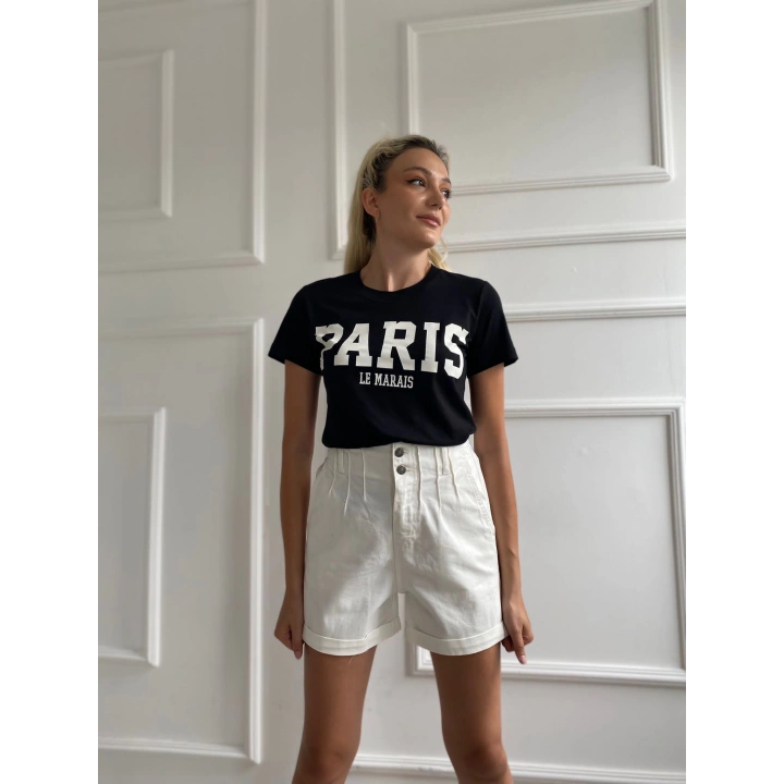 Kadın Basic Tişört Paris Le Maraıs Baskılı Siyah