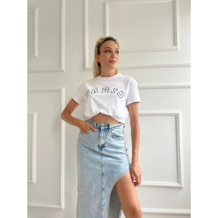Kadın Basic Tişört Paris Baskılı Beyaz