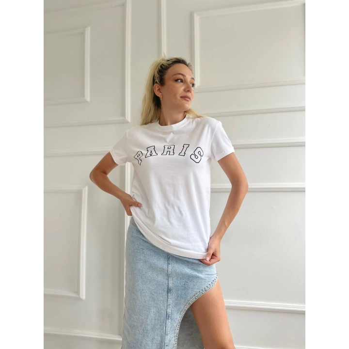Kadın Basic Tişört Paris Baskılı Beyaz