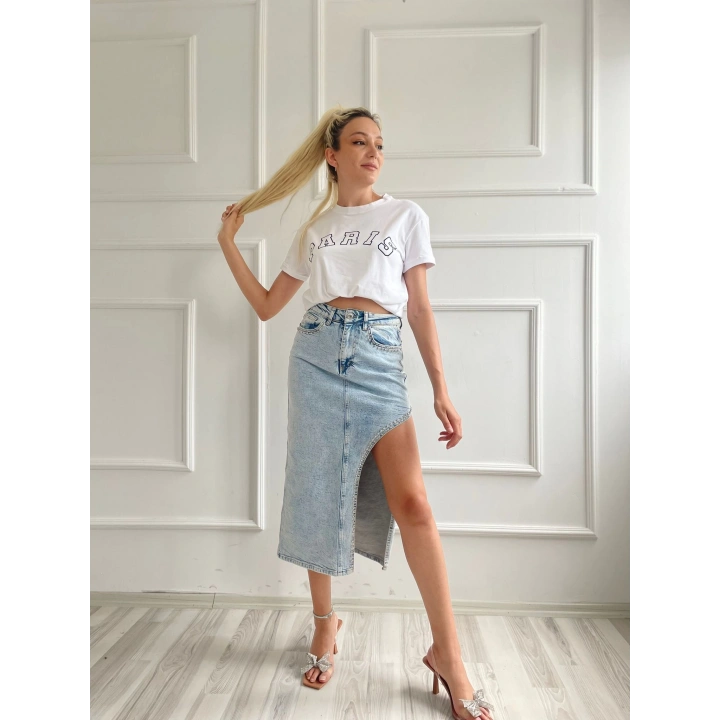 Kadın Basic Tişört Paris Baskılı Beyaz