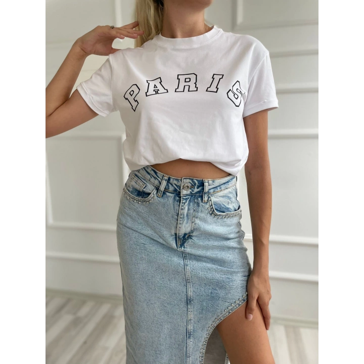 Kadın Basic Tişört Paris Baskılı Beyaz