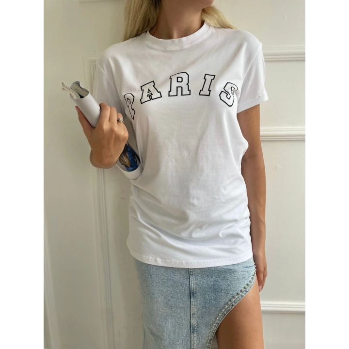 Kadın Basic Tişört Paris Baskılı Beyaz