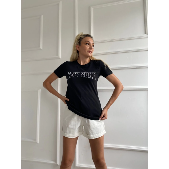 Kadın Basic Tişört New York Baskılı Siyah