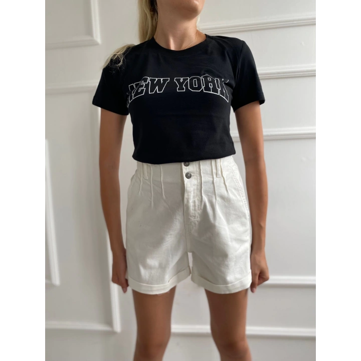 Kadın Basic Tişört New York Baskılı Siyah
