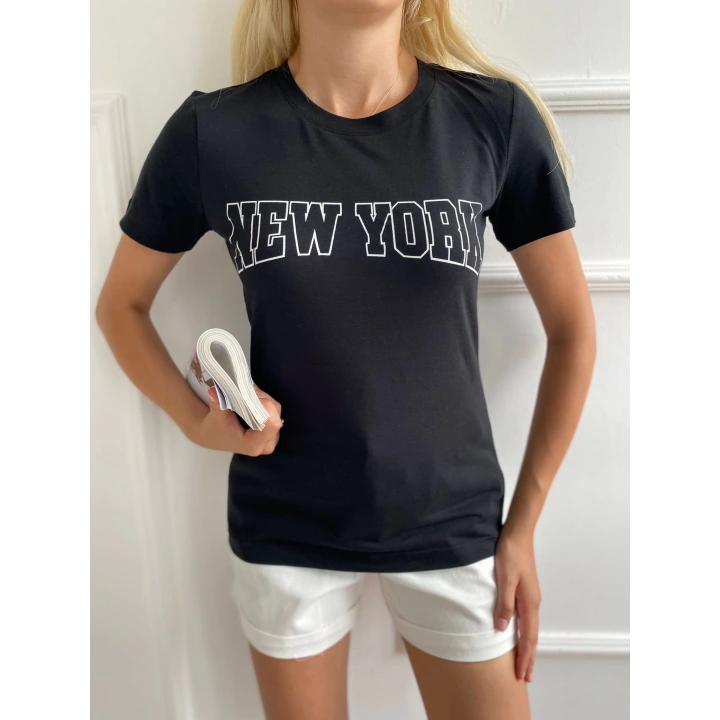 Kadın Basic Tişört New York Baskılı Siyah