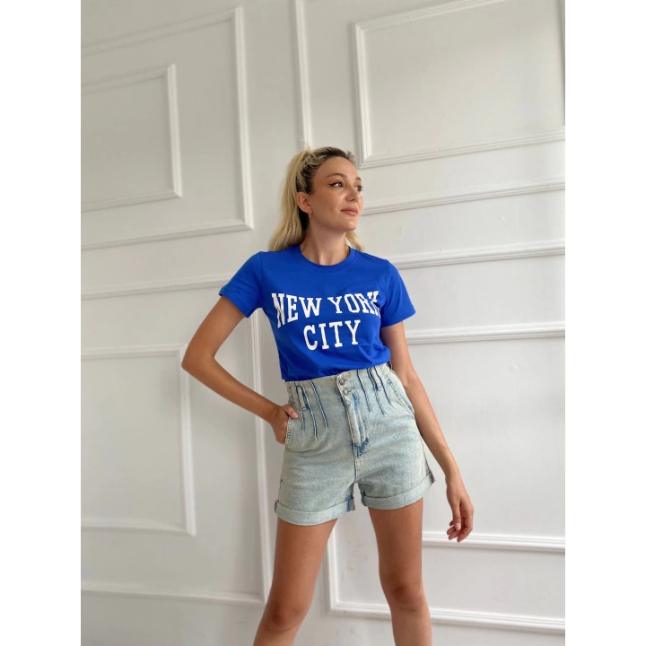 Kadın Basic Tişört New York City Baskılı Mavi