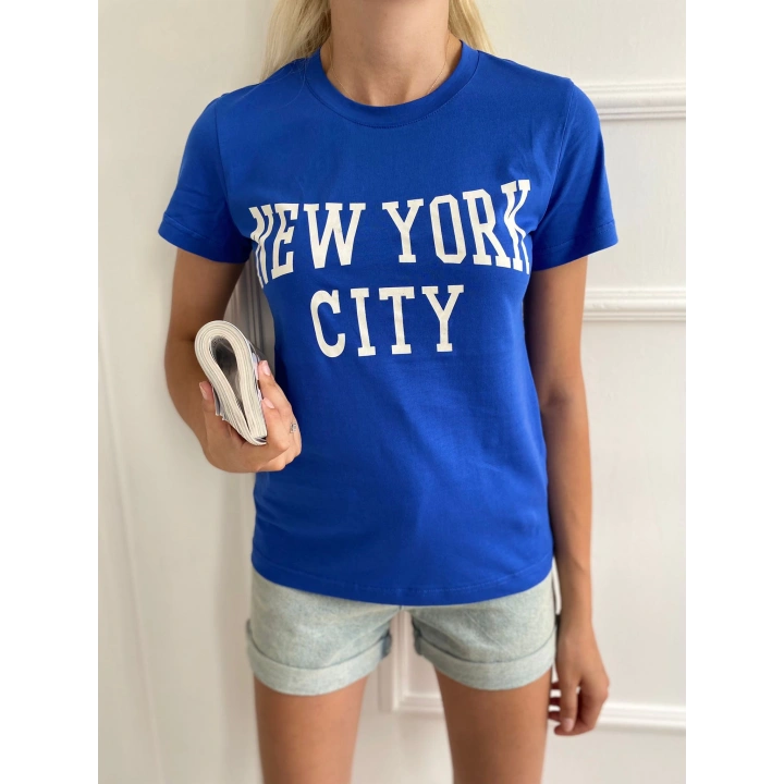 Kadın Basic Tişört New York City Baskılı Mavi