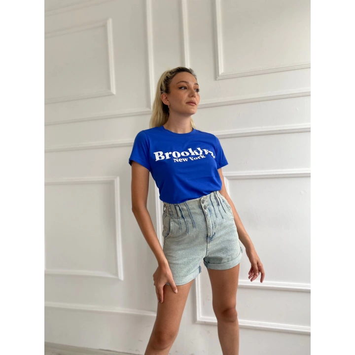 Kadın Basic Tişört Brooklyn New York Baskılı Mavi