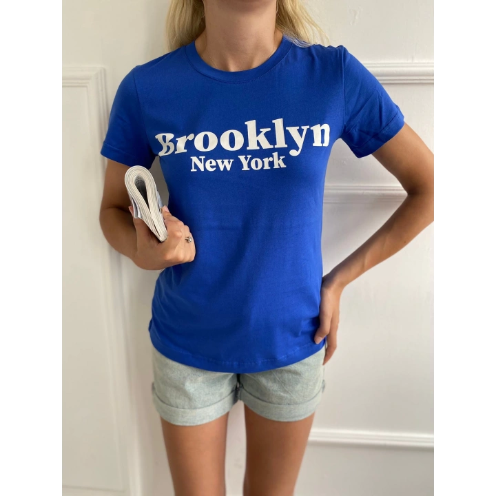 Kadın Basic Tişört Brooklyn New York Baskılı Mavi