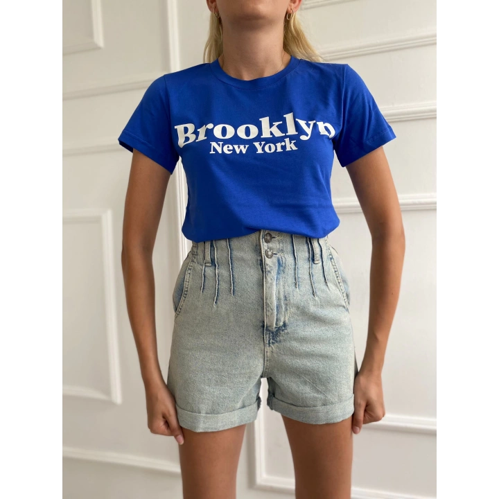 Kadın Basic Tişört Brooklyn New York Baskılı Mavi