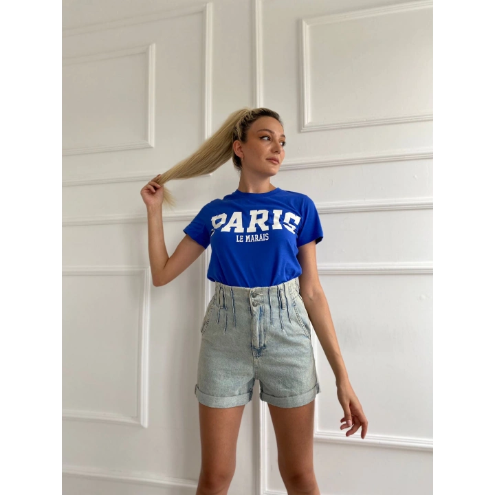 Kadın Basic Tişört Parıs Le Maraıs Baskılı Mavi