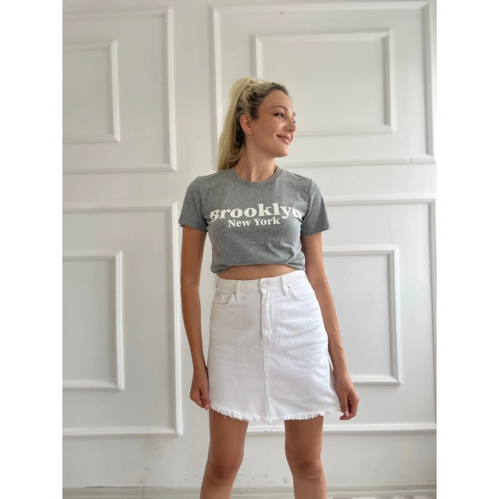 Kadın Basic Tişört Brooklyn New York Baskılı Gri