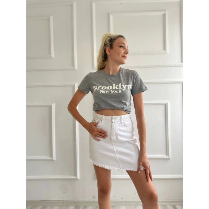 Kadın Basic Tişört Brooklyn New York Baskılı Gri