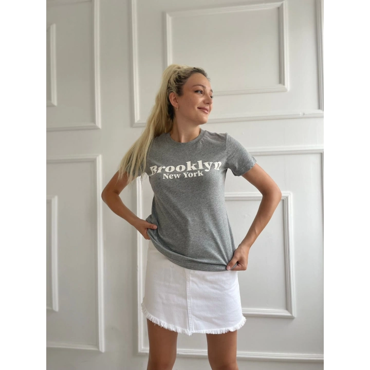 Kadın Basic Tişört Brooklyn New York Baskılı Gri