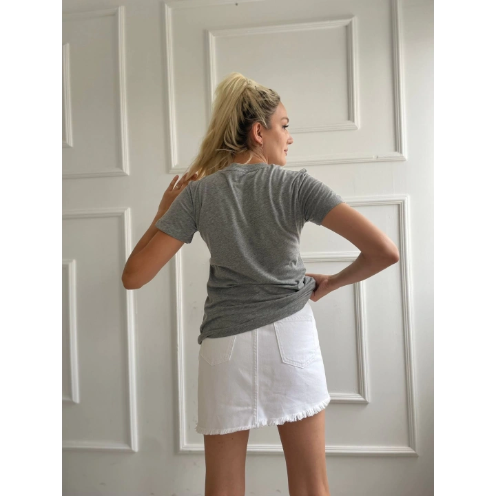 Kadın Basic Tişört Brooklyn New York Baskılı Gri