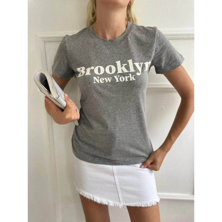Kadın Basic Tişört Brooklyn New York Baskılı Gri