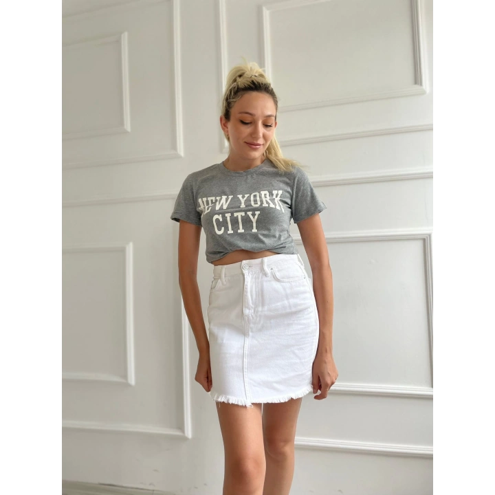 Kadın Basic Tişört Newyork City Baskılı Gri