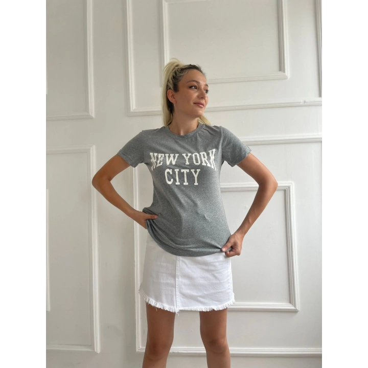 Kadın Basic Tişört Newyork City Baskılı Gri