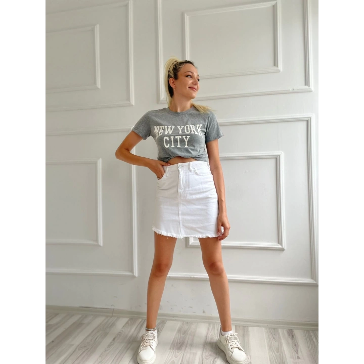 Kadın Basic Tişört Newyork City Baskılı Gri