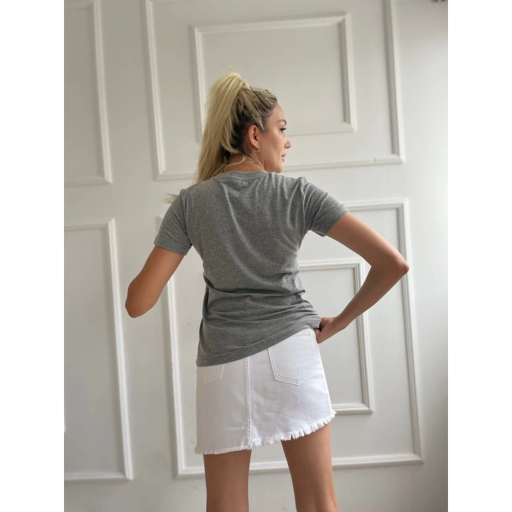 Kadın Basic Tişört Newyork City Baskılı Gri