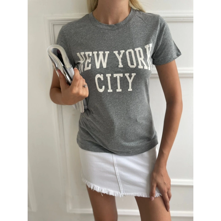 Kadın Basic Tişört Newyork City Baskılı Gri
